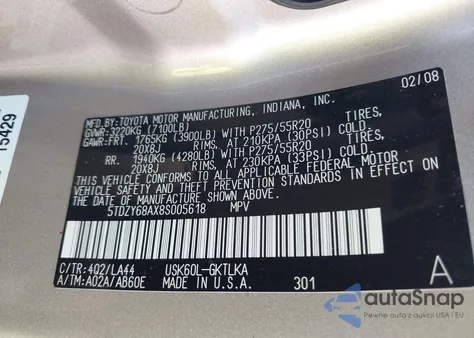 2008 Toyota Sequoia Limited 5.7L V8 from USA, damaged, VIN 5TDZY68AX8S005618